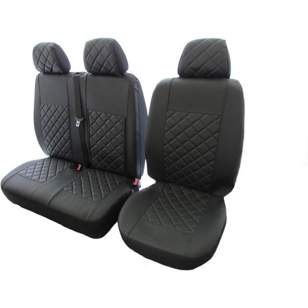 Huse Scaune Ford Transit Custom 2017-2024 culoare Negru din piele romb cu masuta si cotiera sofer Editie Speciala Huse Scaune Ford Transit Custom 2017-2024 culoare Negru din piele romb cu masuta si cotiera sofer Editie Speciala