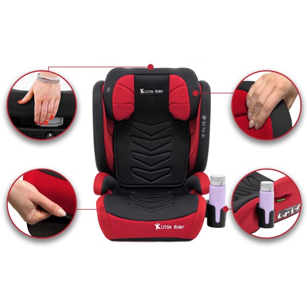 Scaun Auto Copii 100–150 cm Negru-Roșu Certificare R129 i-Size, 3–12 ani, Înălțător Auto, Montare cu Centură 3 Puncte, Tetieră Reglabilă