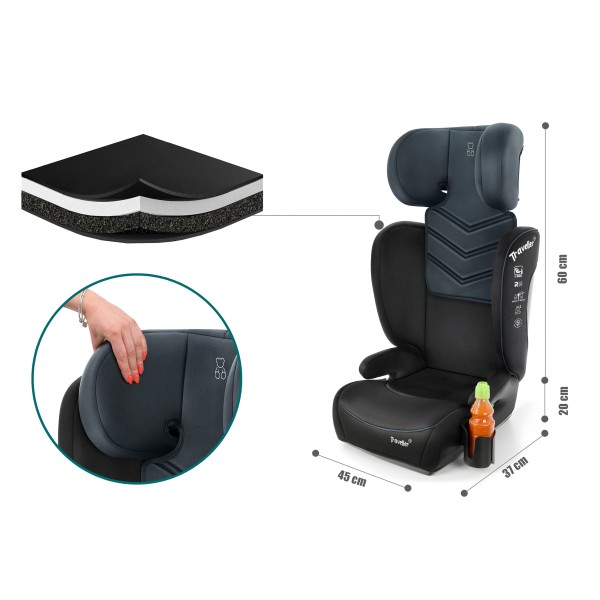 Scaun Auto Copii 100–150 cm (3.5–12 ani) Culore Negru Albastru Reglabil 13 Poziții 2 cm Spuma comfort Plus, Înălțător Inclus Certificare i-Size R129