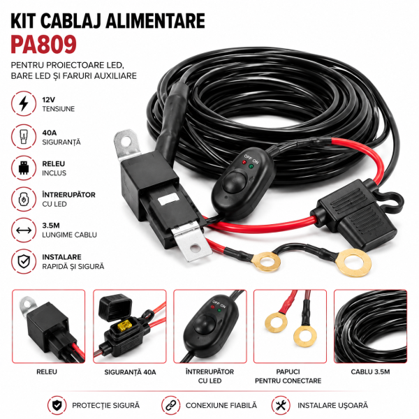 Kit 3,5 metri cablaj alimentare pentru proiectoare și bare Ledbar cu intrerupator si sigurante , releu