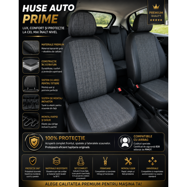Huse Scaune KIA VENGA 2009-2019 textil si piele premium cu bancheta fractionata si airbag compatibil cu incalzire si ventilatie scaune