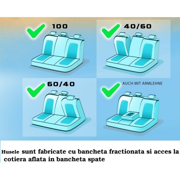Huse Scaune SMART FORFOUR II 2017cu decupaje pentru centura siguranta bancheta fractionata Certificare Airbag  Negru+Gri Deschis