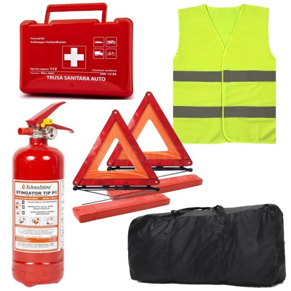 Kit obligatoriu Siguranta Rutiera Auto (Stingator, trusa medicala , triunghi, vesta)