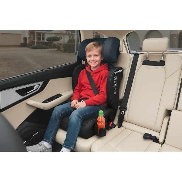 Scaun Auto Copii Piele Romb culoare Negru ISOFIX i-Size R129 100–150 cm  Premium, Reglabil, Înălțător Inclus si suport sticle