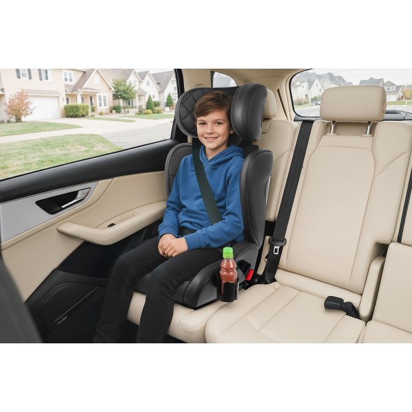 Scaun Auto Copii Piele Romb culoare Negru ISOFIX i-Size R129 100–150 cm  Premium, Reglabil, Înălțător Inclus si suport sticle