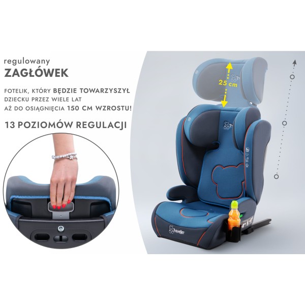 Scaun Auto Copii 2in1 Culoare Albastru  Certificare i-Size R129 ISOFIX 100–150 cm – Reglabil, Înălțător Auto Suport Sticle
