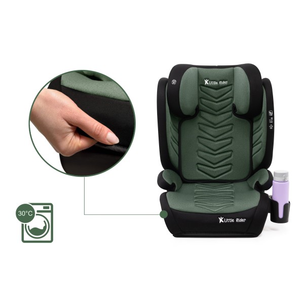 Scaun Auto Copii Verde Negru Little Rider Certificare R129 i-Size 100–150 cm 2 în 1, Siguranță Maximă suport de sticle