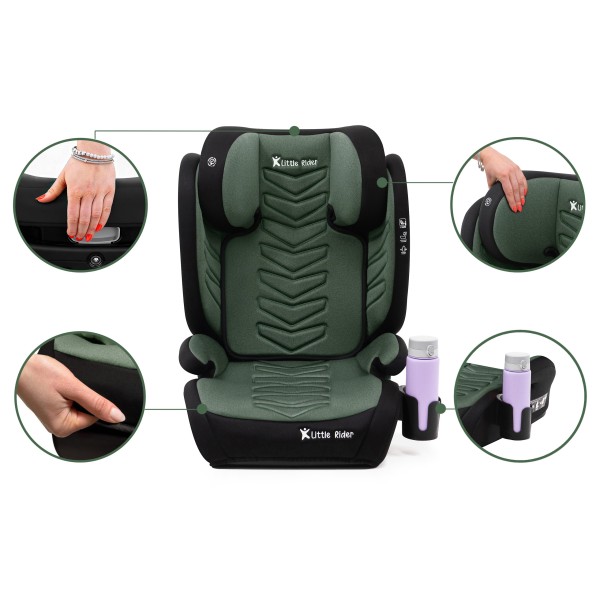 Scaun Auto Copii Verde Negru Little Rider Certificare R129 i-Size 100–150 cm 2 în 1, Siguranță Maximă suport de sticle