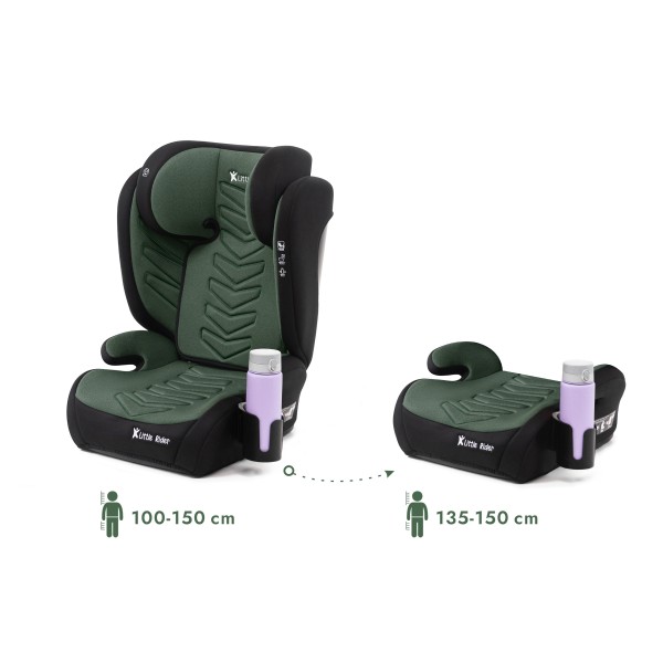 Scaun Auto Copii Verde Negru Little Rider Certificare R129 i-Size 100–150 cm 2 în 1, Siguranță Maximă suport de sticle