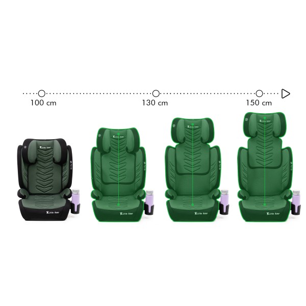 Scaun Auto Copii Verde Negru Little Rider Certificare R129 i-Size 100–150 cm 2 în 1, Siguranță Maximă suport de sticle