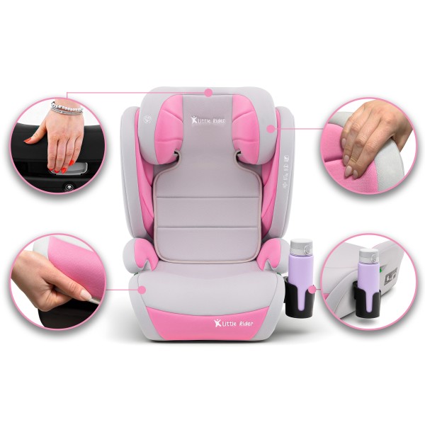 Scaun Auto Copii Culoare Roz Certificare R129 i-Size 100–150 cm  2 în 1 Siguranță Maximă, Suport Sticle