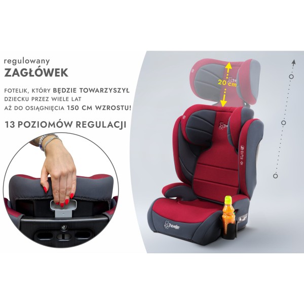 Scaun Auto Copii Rosu Inchis100–150 cm Certificare R129 i-Size, 3,5–12 ani, Înălțător Auto, Tetieră Reglabilă, Montare cu Centură, Bordo-Grafit + Organizator