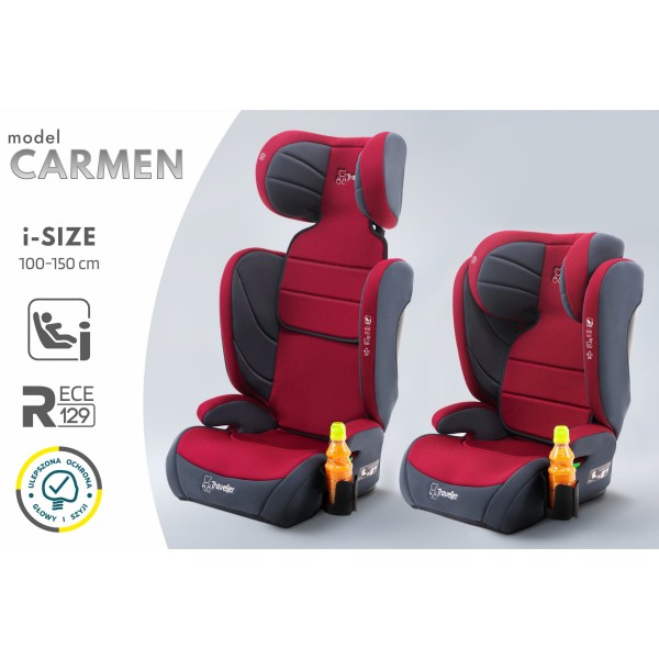 Scaun Auto Copii Rosu Inchis100–150 cm Certificare R129 i-Size, 3,5–12 ani, Înălțător Auto, Tetieră Reglabilă, Montare cu Centură, Bordo-Grafit + Organizator