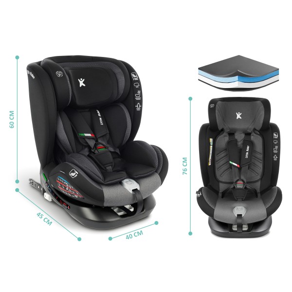 Scaun Auto Copii Gri-Negru  Rotire 360 Certificare R R129 i-Size 40–150 cm (0–12 ani), ISOFIX + Top Tether, Rotire 360° Organizer CADOU