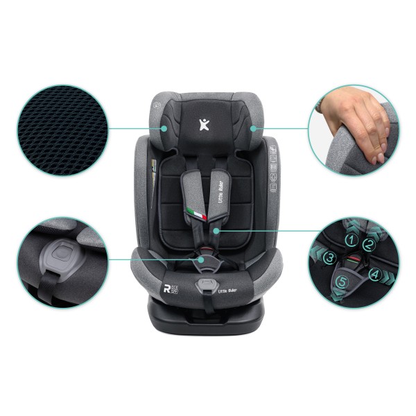 Scaun Auto Copii Gri-Negru Rotativ 360° 40–150 cm Certificare i-Size (ECE R129/03), ISOFIX + Top Tether Rotire Fata Spate