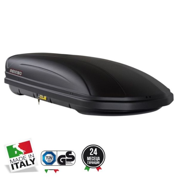 Cutie portbagaj auto MENABO Marathon Dark 07937, prindere pe bare transversale, plastic ABS, volum 460 litri, 198x79x37 cm, negru