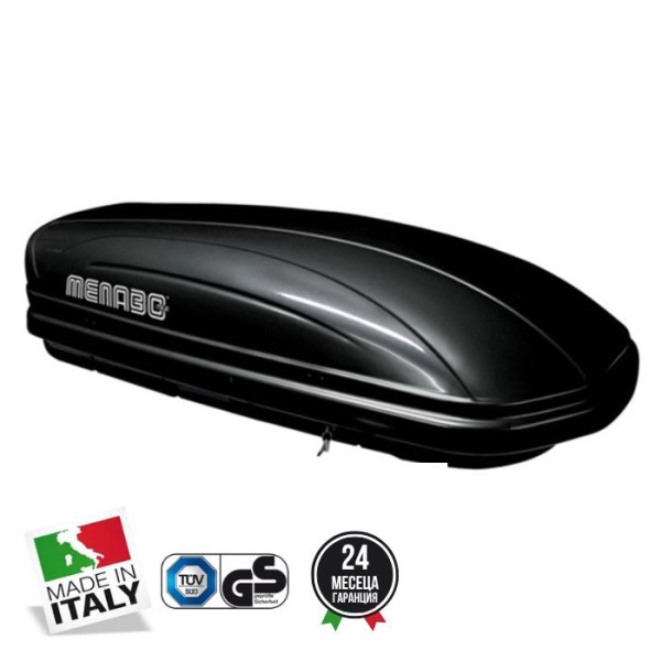 Cutie portbagaj auto MENABO 07936 Marathon Dark, prindere pe bare transversale, plastic ABS, volum 320 litri, 137x79x36 cm, negru mat