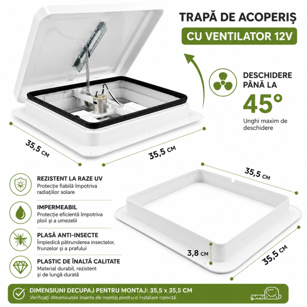 Trapa Rulota PEUGEOT e-PARTNER   355x355 mm cu Ventilator 12V Ventilație Eficientă pentru Rulote și Autorulote cu plasa anti insecte