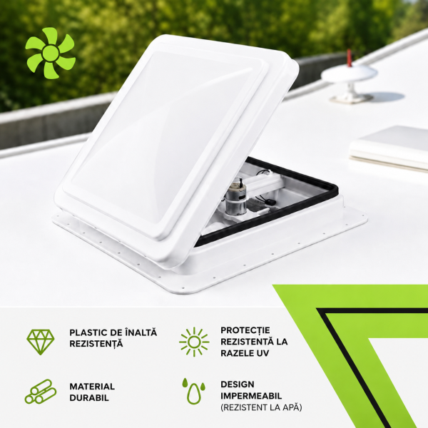 Trapa Rulota PEUGEOT e-PARTNER   355x355 mm cu Ventilator 12V Ventilație Eficientă pentru Rulote și Autorulote cu plasa anti insecte