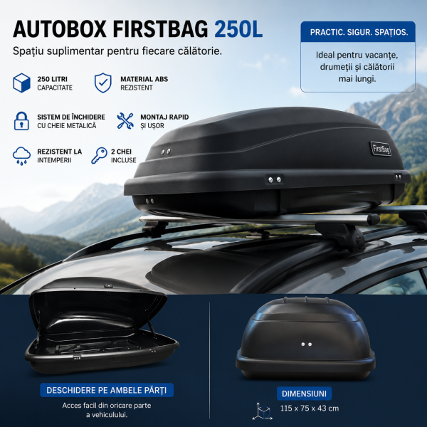 Cutie Portbagaj auto Plafon Carbon Line FirstBag250L – Deschidere Laterală, Certificare TÜV