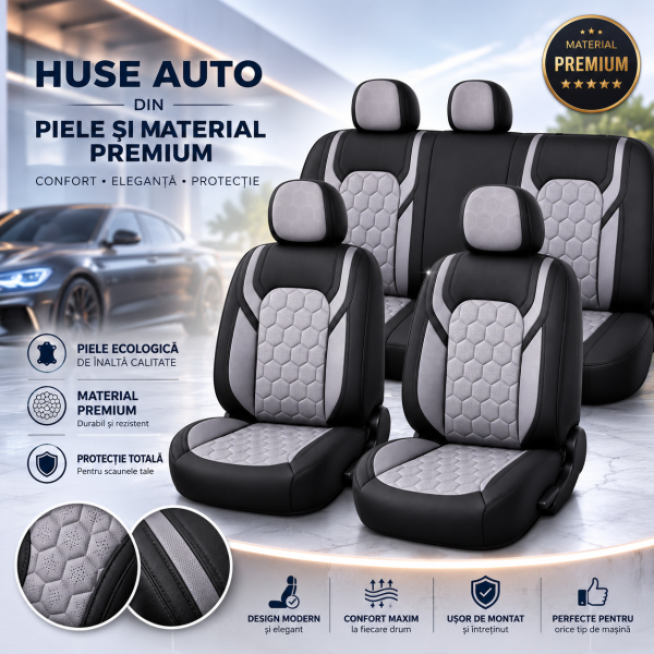 Huse Scaune VOYAH FREE   din piele Negru+ Gri Premium cu insertii de piele  compatibil cu scaune incalzite si ventilate