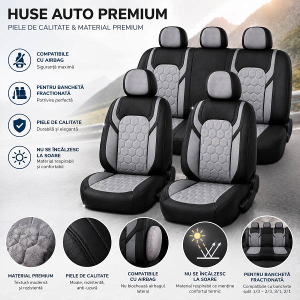 Huse Scaune VOYAH FREE   din piele Negru+ Gri Premium cu insertii de piele  compatibil cu scaune incalzite si ventilate