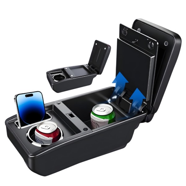 Cotiera auto Dacia Logan 2011-2019 realizată din eco piele, cu suport pentru pahar și compartiment de depozitare. Montaj ușor