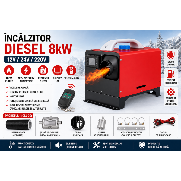 Sirocou 8kw diesel 220v Puternic incalzitor stationar silentios rulota camper garaj casa 220V  diesel  cu display LCD, telecomanda si bujie