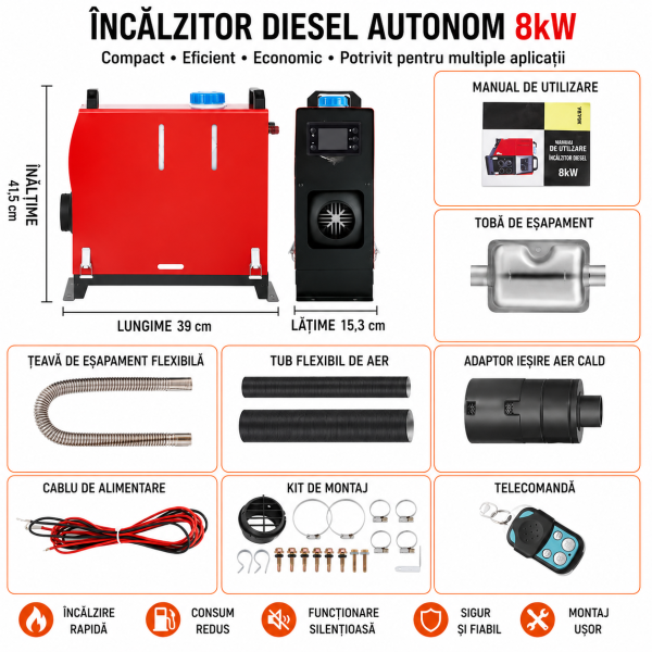 Sirocou  8 kw rezervor 5L 12-24V 8KW rulota camper garaj casa  diesel  cu display LCD, telecomanda si bujie