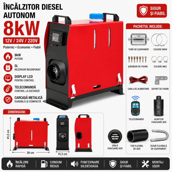 Sirocou  8 kw rezervor 5L 12-24V 8KW rulota camper garaj casa  diesel  cu display LCD, telecomanda si bujie