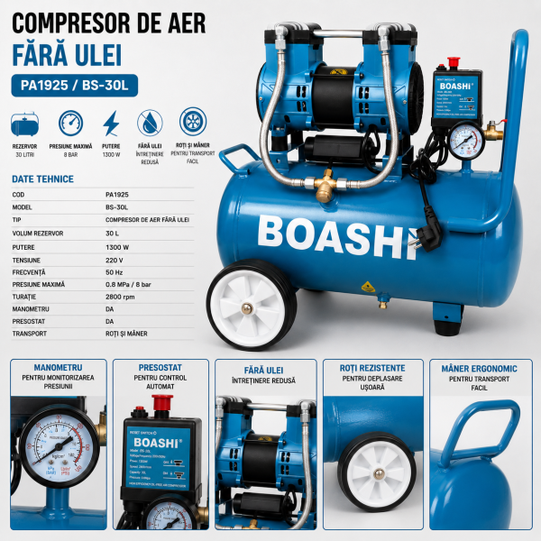 Compresor de aer fără ulei 30L, 1300W, 8 Bar, 220V  profesional pentru ateliere, service, garaj