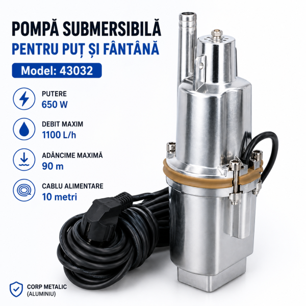 Pompa Submersibila pentru Put și Fantana 650W, 1100 L/h, Adancime 90 m, Cablu 10 m