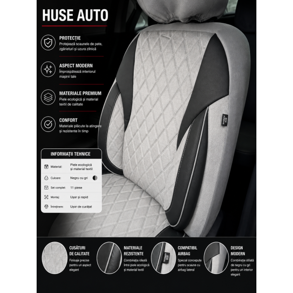 Huse Scaune Negru Gri BMW SERIA 4 GRAN COUPE F36 2014-2021  din Textil Romb cu inserie de piele si bancheta fractioanta cu Airbag si SRS compatibil cu scaune incalzite si ventilate
