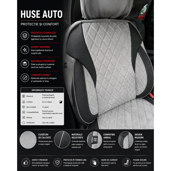 Huse Scaune Negru Gri BMW SERIA 4 GRAN COUPE F36 2014-2021  din Textil Romb cu inserie de piele si bancheta fractioanta cu Airbag si SRS compatibil cu scaune incalzite si ventilate