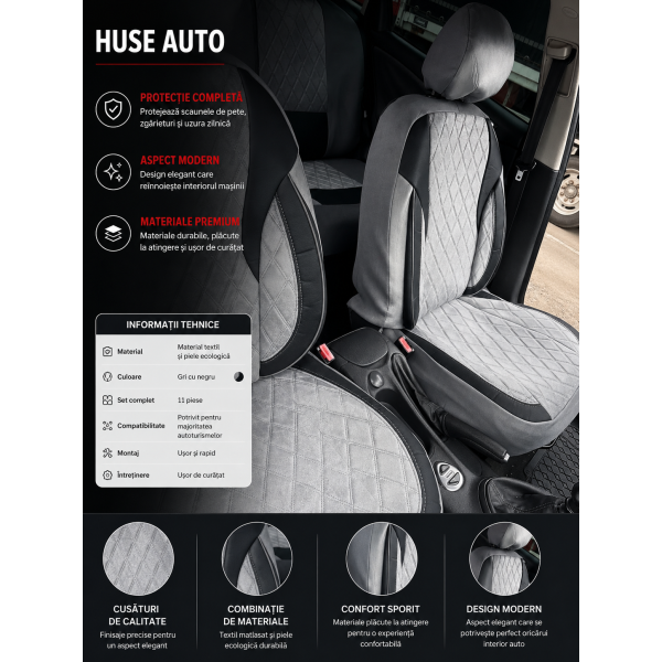 Huse Scaune Negru Gri BMW SERIA 4 GRAN COUPE F36 2014-2021  din Textil Romb cu inserie de piele si bancheta fractioanta cu Airbag si SRS compatibil cu scaune incalzite si ventilate