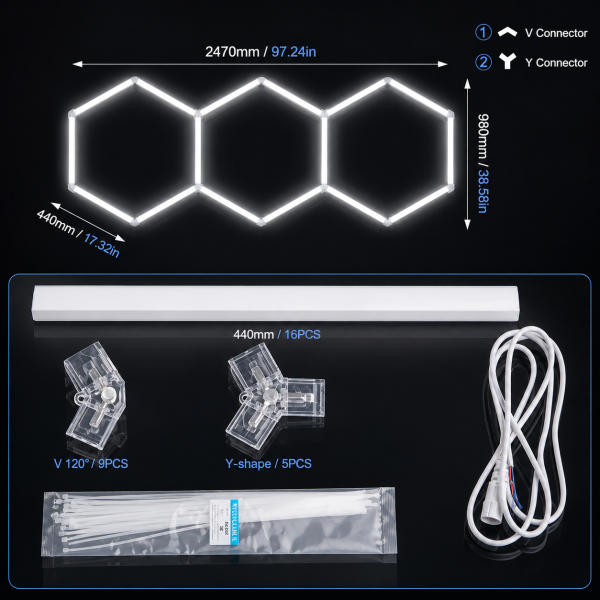 Aplica fagure Hexagon 3 x fagure Lampa LED Hexagonală 247 x 98 cm, 125W, 6500K – Iluminat pentru Garaj, Atelier, Detailing și Spații Comerciale