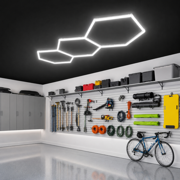 Aplica fagure Hexagon 3 x fagure Lampa LED Hexagonală 247 x 98 cm, 125W, 6500K – Iluminat pentru Garaj, Atelier, Detailing și Spații Comerciale