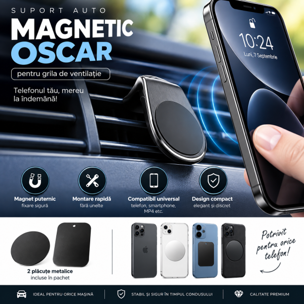 Suport Telefon Auto Magnetic pentru Grila de Ventilație compatibil cu toate grilele de ventilatie – Universal, Magnet Puternic, 2 Plăcuțe Metalice