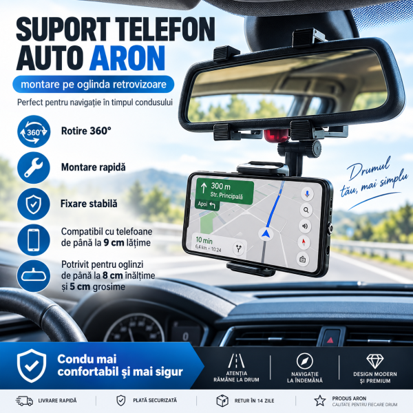 Suport Auto Telefon montare la Oglinda Retrovizoare – Rotire 360° premium