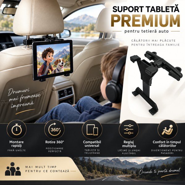 Suport Auto tableta Montare pe Tetiera  Premium– Universal, Rotativ și Reglabil