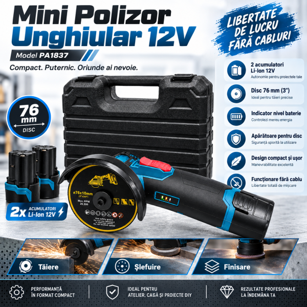 Mini Polizor Unghiular cu Acumulator 12V PA1837, 2 Baterii Li-Ion, 2 Discuri 76 mm, Valiză Transport
