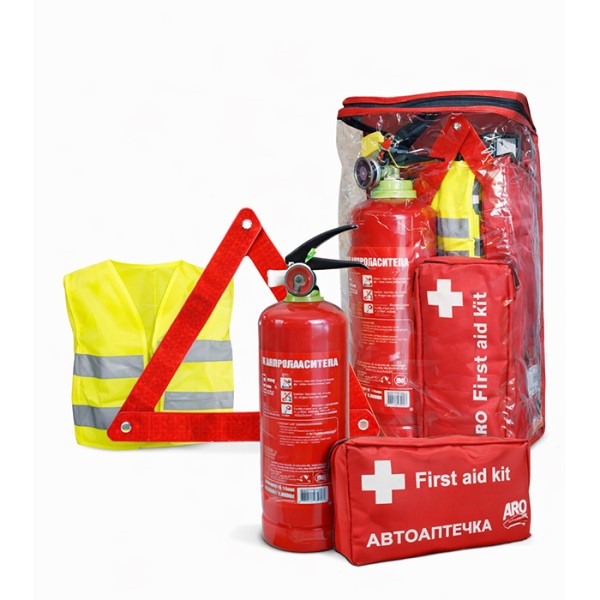 Kit siguranta auto extins Trusă Medicală, Stingător 1kg cu manometru, Triunghi Reflectorizant și Vestă Reflectorizantă plus geanta depozitare