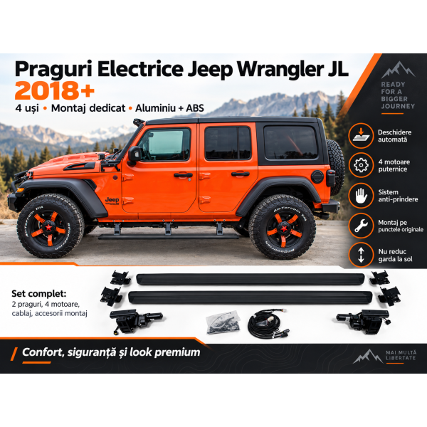 Praguri Electrice Jeep Wrangler JL 4 Uși 2018 2019 2020 2021 2022 2023 2024 2025  – Trepte Laterale Retractabile Aluminiu