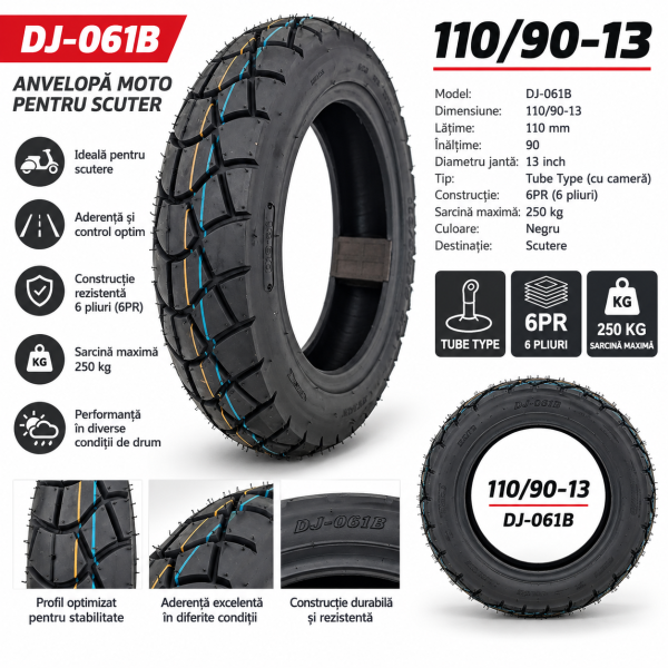 Anvelopa Moto Scuter DJ-061B 110/90-13, 6PR, R13 Tube Type, pentru Scuter