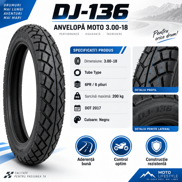 Anvelopa Moto DJ-136 3.00-18, 6PR, Tube Type, Jantă 18 Inch,