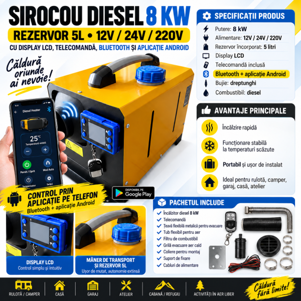 Incalzitor portabil 8 kw rezervor 5L 12-24V 8KW rulota camper garaj casa, diesel Telecomanda,programare din telefon Bluetooth și Aplicație Android IOS