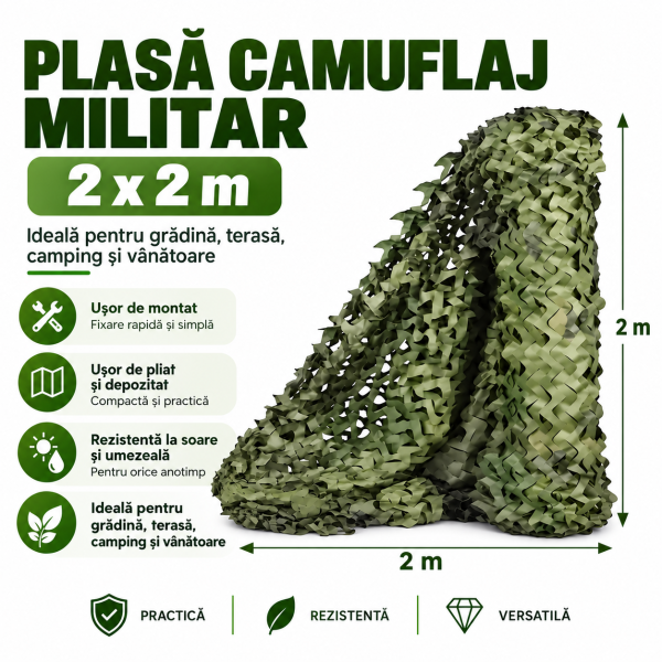 Plasa Camuflaj Militar oxford premium 2x2 m, Oxford Poliester, pentru Grădină, Terasă, Camping și Vânătoare