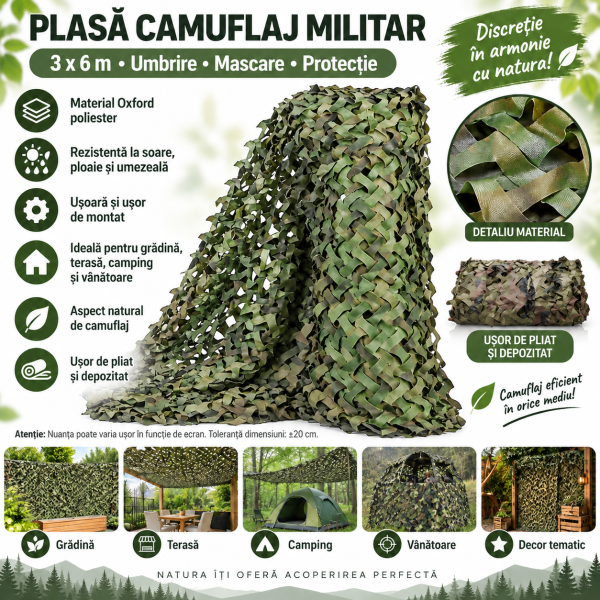 Plasa Camuflaj Militar oxford premium 3x6 m, Oxford Poliester, pentru Grădină, Terasă, Camping și Vânătoare