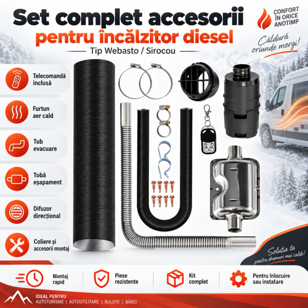 Set Complet Accesorii Incalzitor sationar 5 kw 8 kw 9 kw 10 kw Sirocou Webasto Încălzitor Diesel, Telecomandă, Furtun Aer, Evacuare, Filtru și Toba de Eșapament