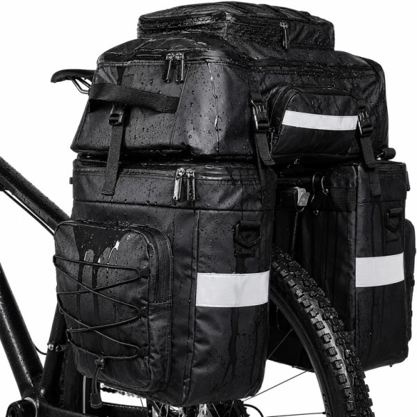 Geanta portbagaj Bicicleta 3 în 1, 48L XXL, Impermeabilă, Set Genți Laterale și Rucsac pentru Portbagaj, Husă Ploaie, Elemente Reflectorizante